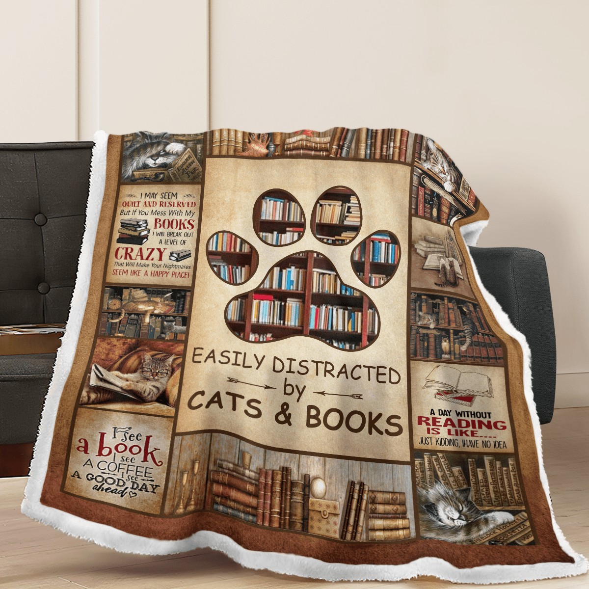 Easily Distracted By Cats And Books Fleece Blanket Quilt - Sherpa Blanket