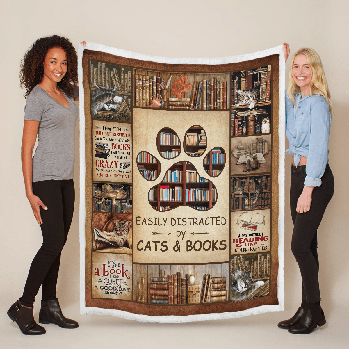 Easily Distracted By Cats And Books Fleece Blanket Quilt - Sherpa Blanket