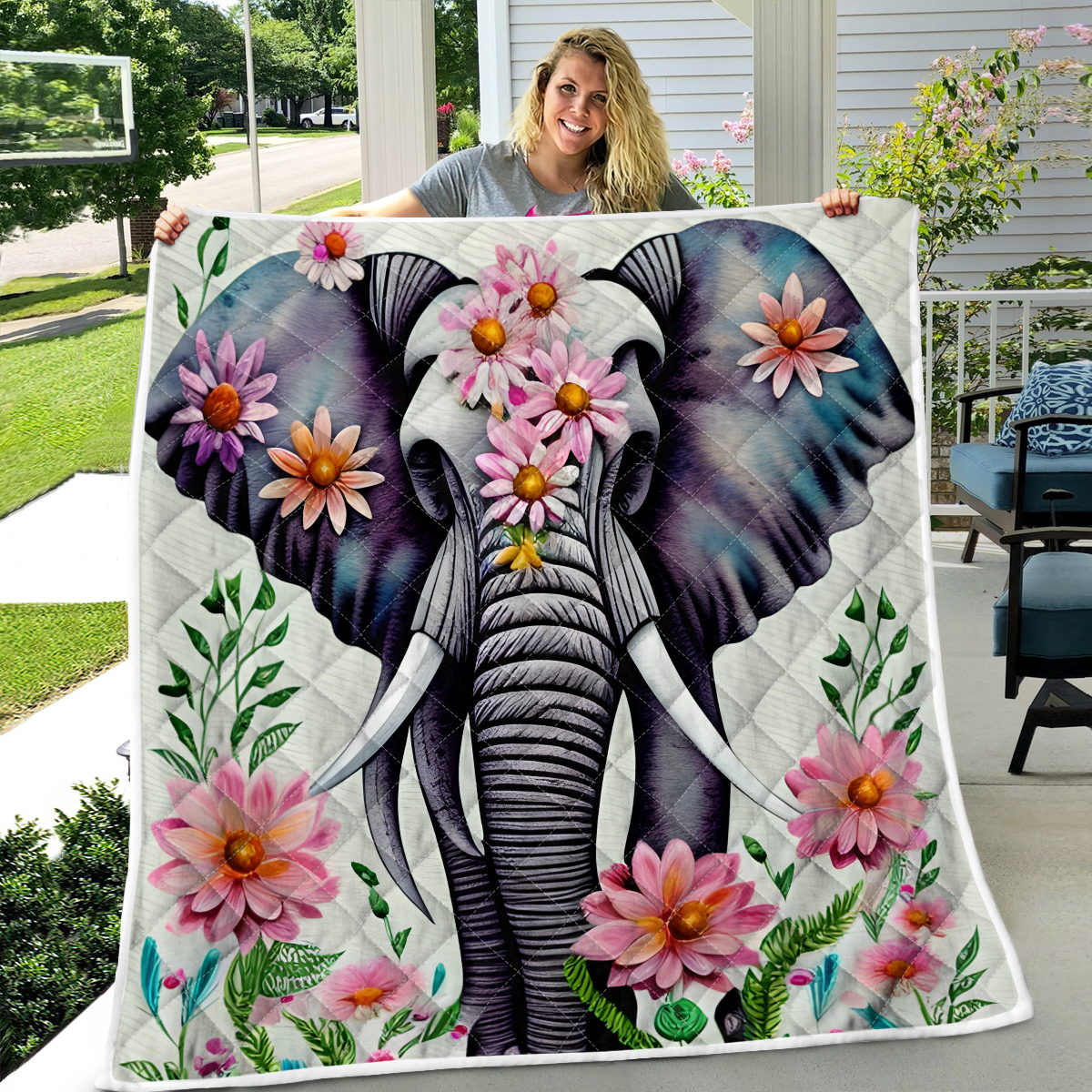 Elephant And Flowers Quilt
