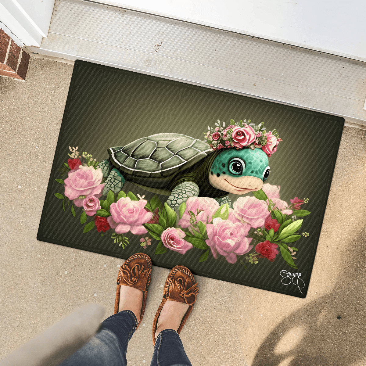 Turtle and Flower Door Mat